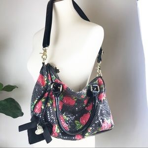 Betsey Johnson Black and Pink Floral Sequin Bag